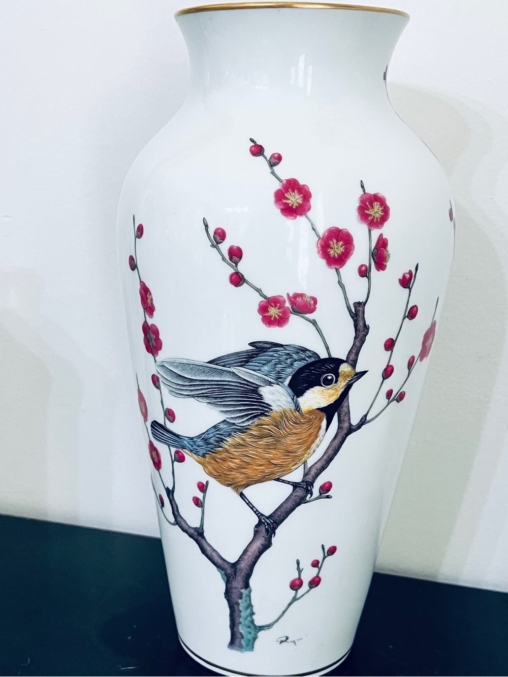 Franklin Porcelain 1981 Hand-Painted Bird Vase - White with Pink Blossoms
